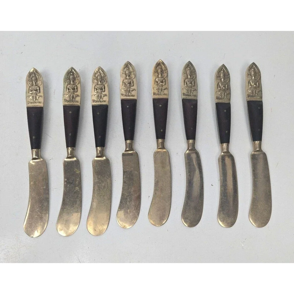 Vintage 8 Cheese Spreader Knives Buddha Bronze Brass Rosewood Siam Thailand 6” - Picture 3 of 13